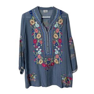 Litchiken gray floral embroidered semi sheer tunic top womens M boho